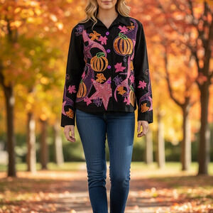 Hona To Be Halloween Blazer Jacket L Black Pumpkin Fall Art To Wear Metalic READ